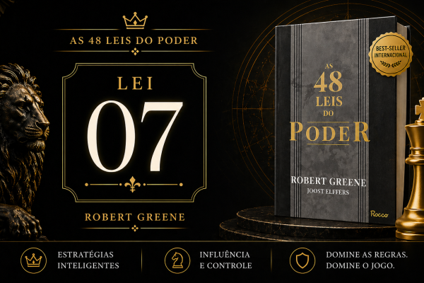 Ilustração da Lei 7 das 48 Leis do Poder mostrando um homem em destaque recebendo crédito enquanto outros trabalham nos bastidores, simbolizando estratégia, influência e inteligência social.