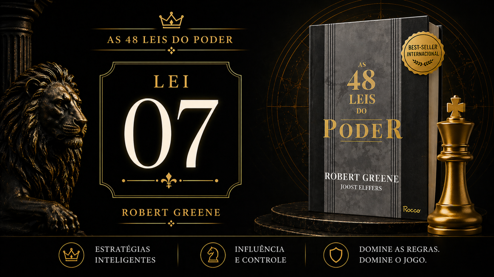Ilustração da Lei 7 das 48 Leis do Poder mostrando um homem em destaque recebendo crédito enquanto outros trabalham nos bastidores, simbolizando estratégia, influência e inteligência social.